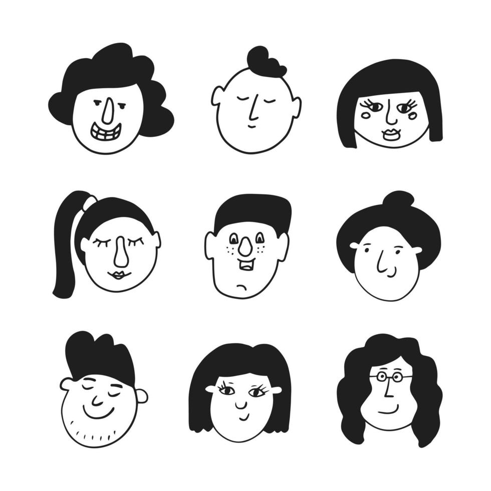 conjunto de rostos de personagens em estilo doodle, ilustração vetorial vetor