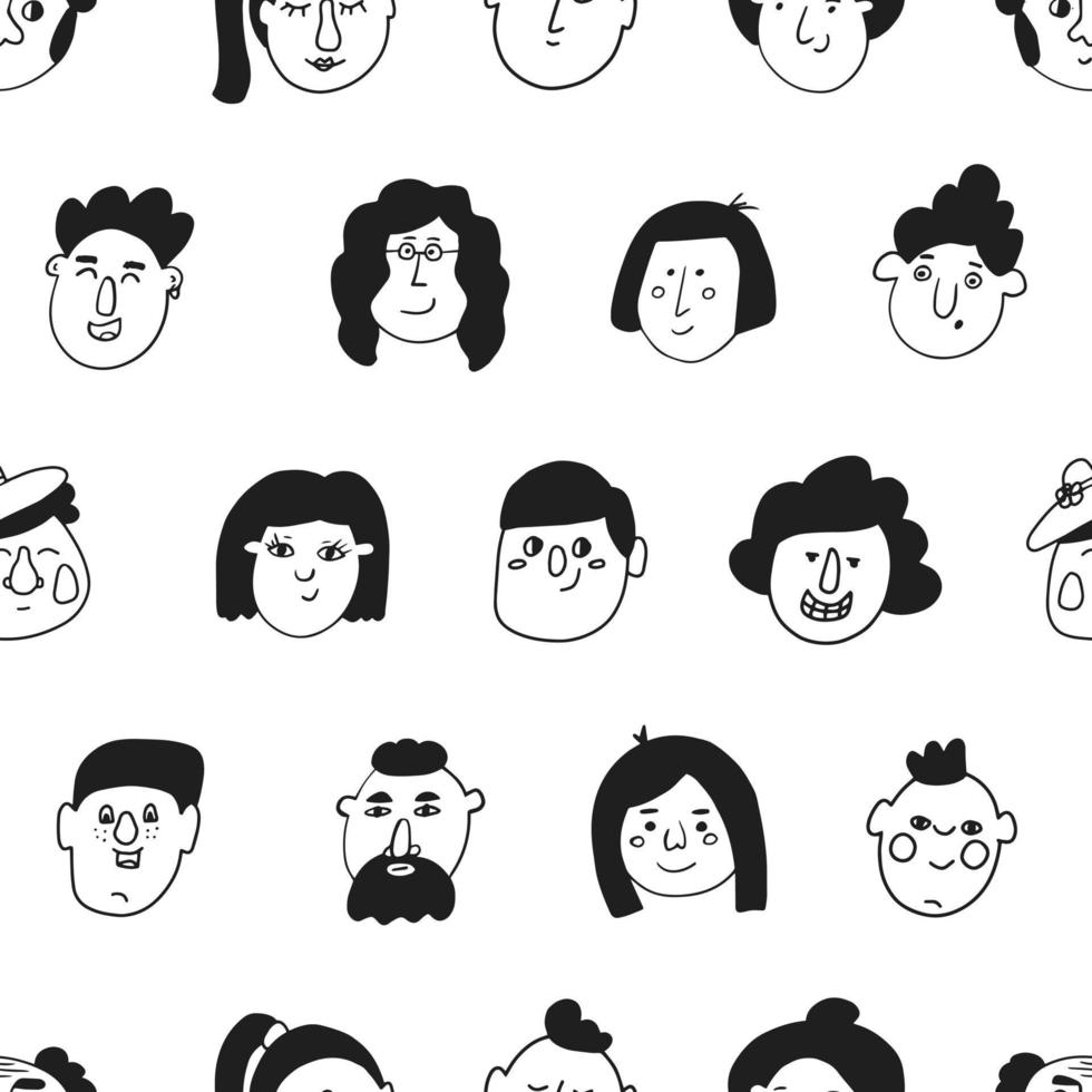 conjunto de rostos de personagens em estilo doodle, padrão sem emenda de vetor