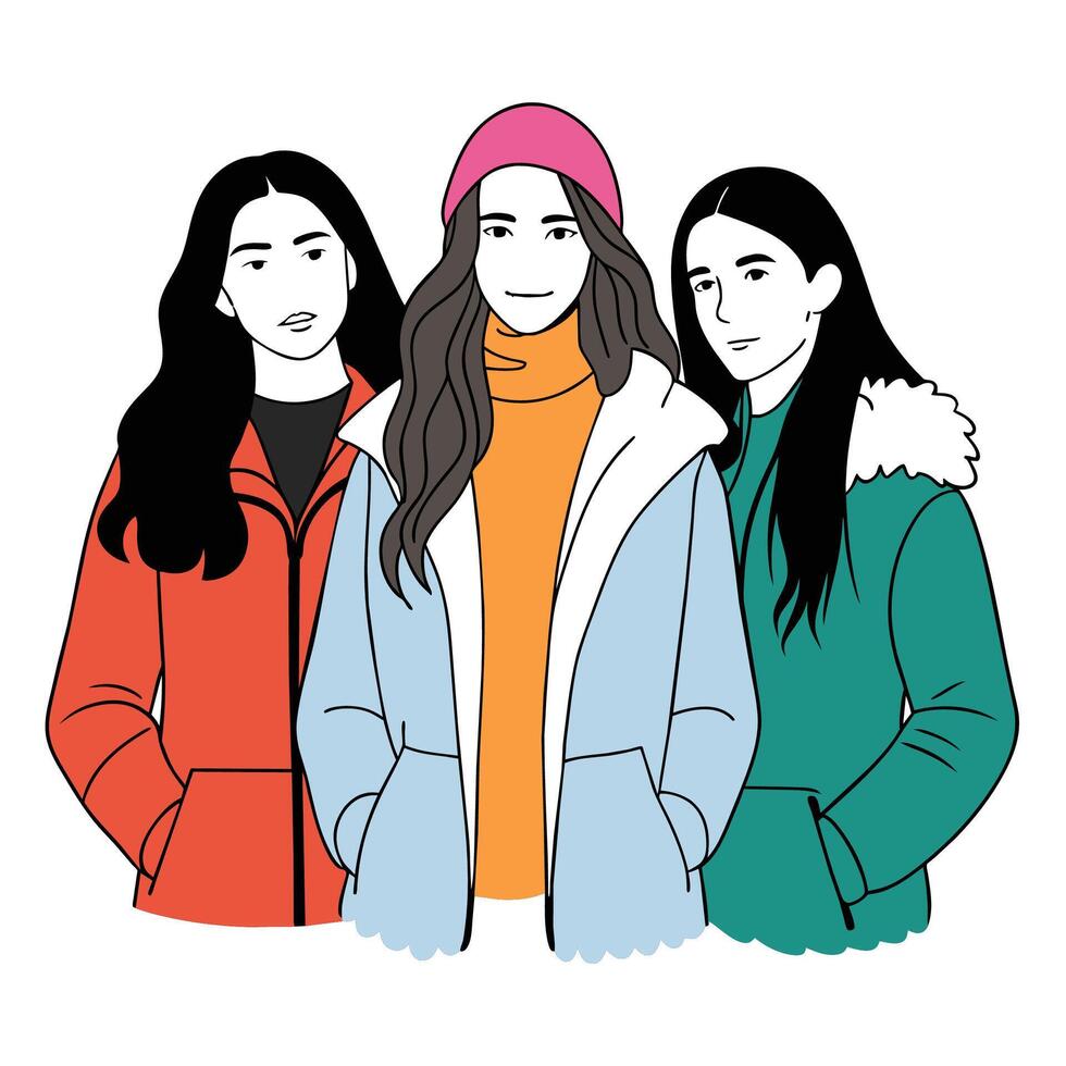 três sem rosto fêmea amigos vestindo inverno jaquetas com diferente poses, mulher dia vetor