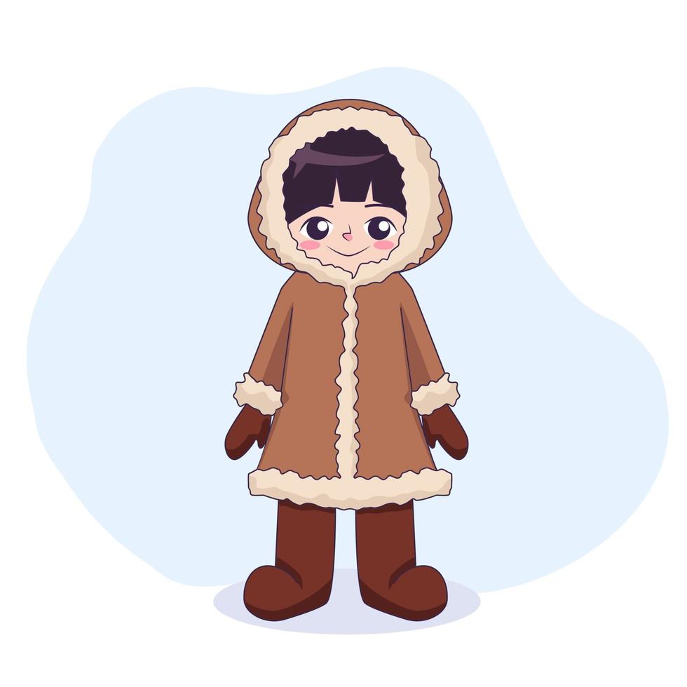 desenho de criança esquimó sorridente fofo isolado. menina kawaii em clipart de desenhos animados de roupas de inverno. vetor