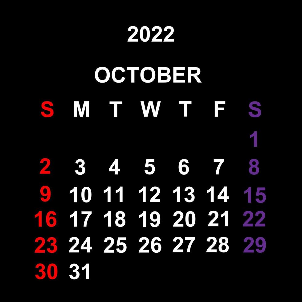 outubro de 2022, design de modelo de calendário sobre fundo preto. semana começa no domingo. vetor