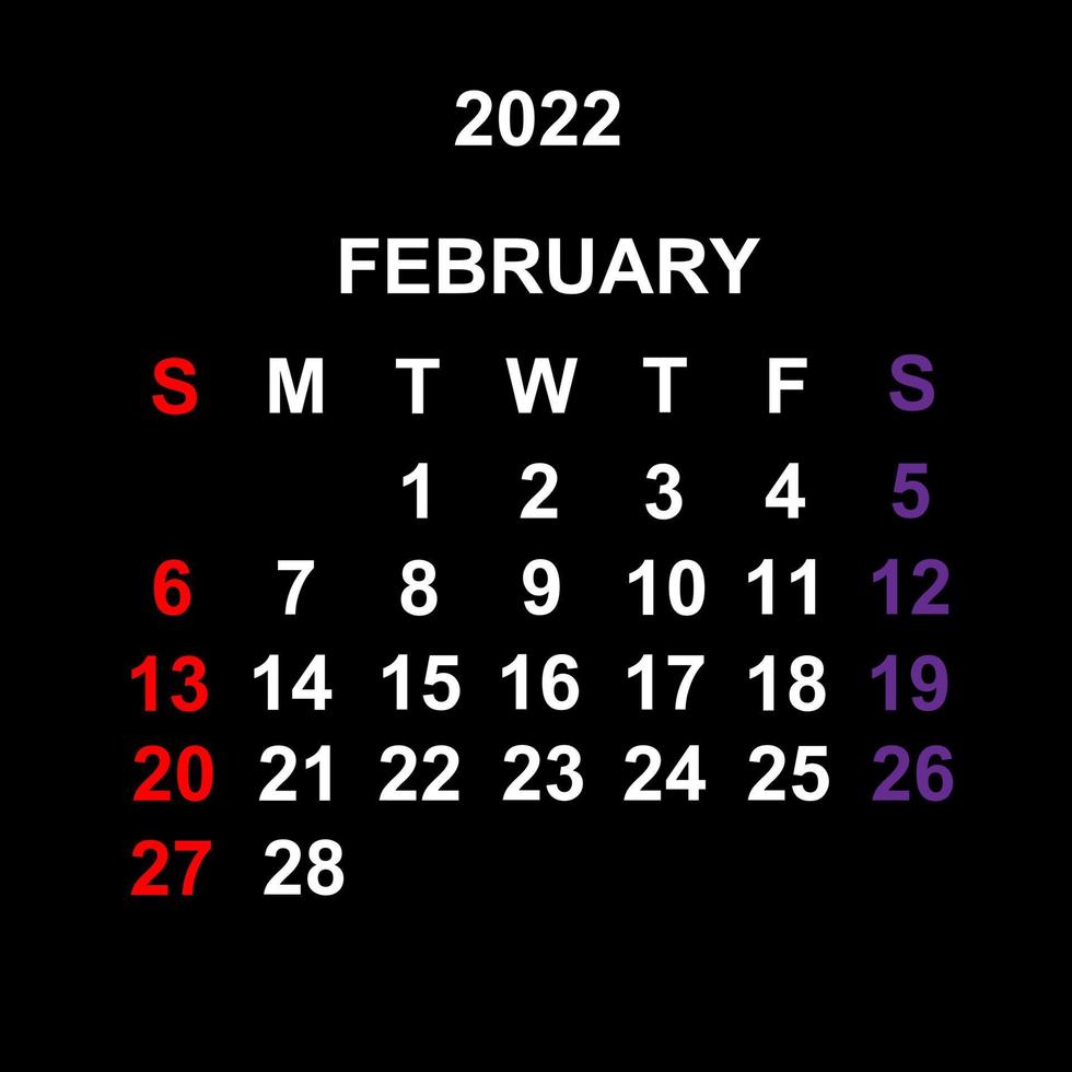 fevereiro de 2022, design de modelo de calendário sobre fundo preto. semana começa no domingo. vetor