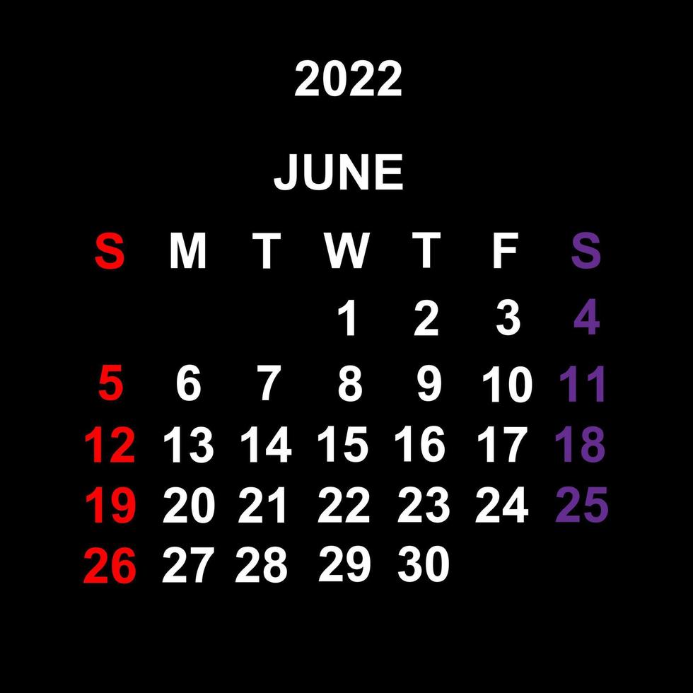 junho de 2022, design de modelo de calendário sobre fundo preto. semana começa no domingo. vetor