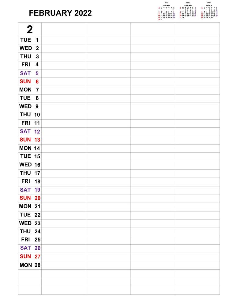 fevereiro de 2022, design de modelo de calendário para planejador mensal de negócios e notas. semana começa no domingo, planejador mensal para 2021 anos e desenho vetorial de papelaria. vetor