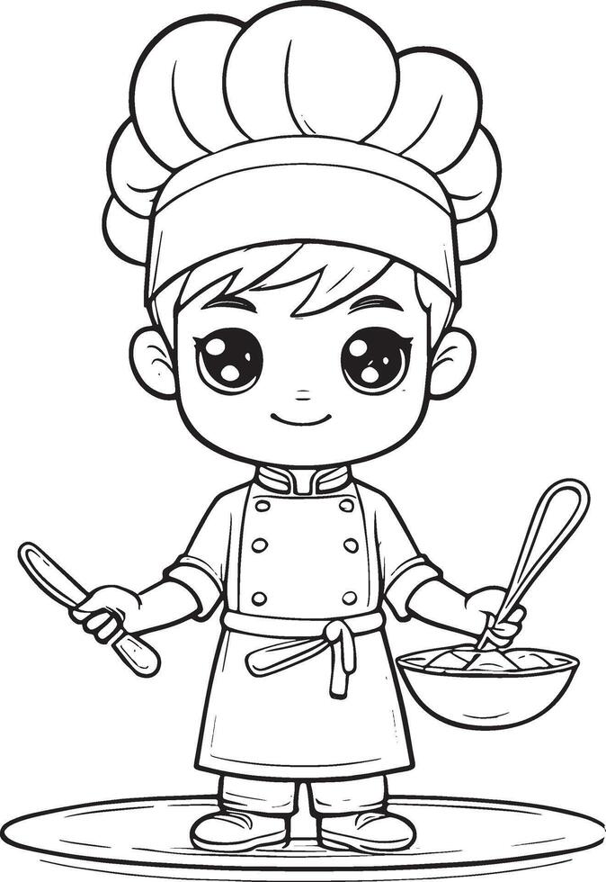kawaii chefe de cozinha, desenho animado personagens, fofa linhas e colorida coloração Páginas. vetor