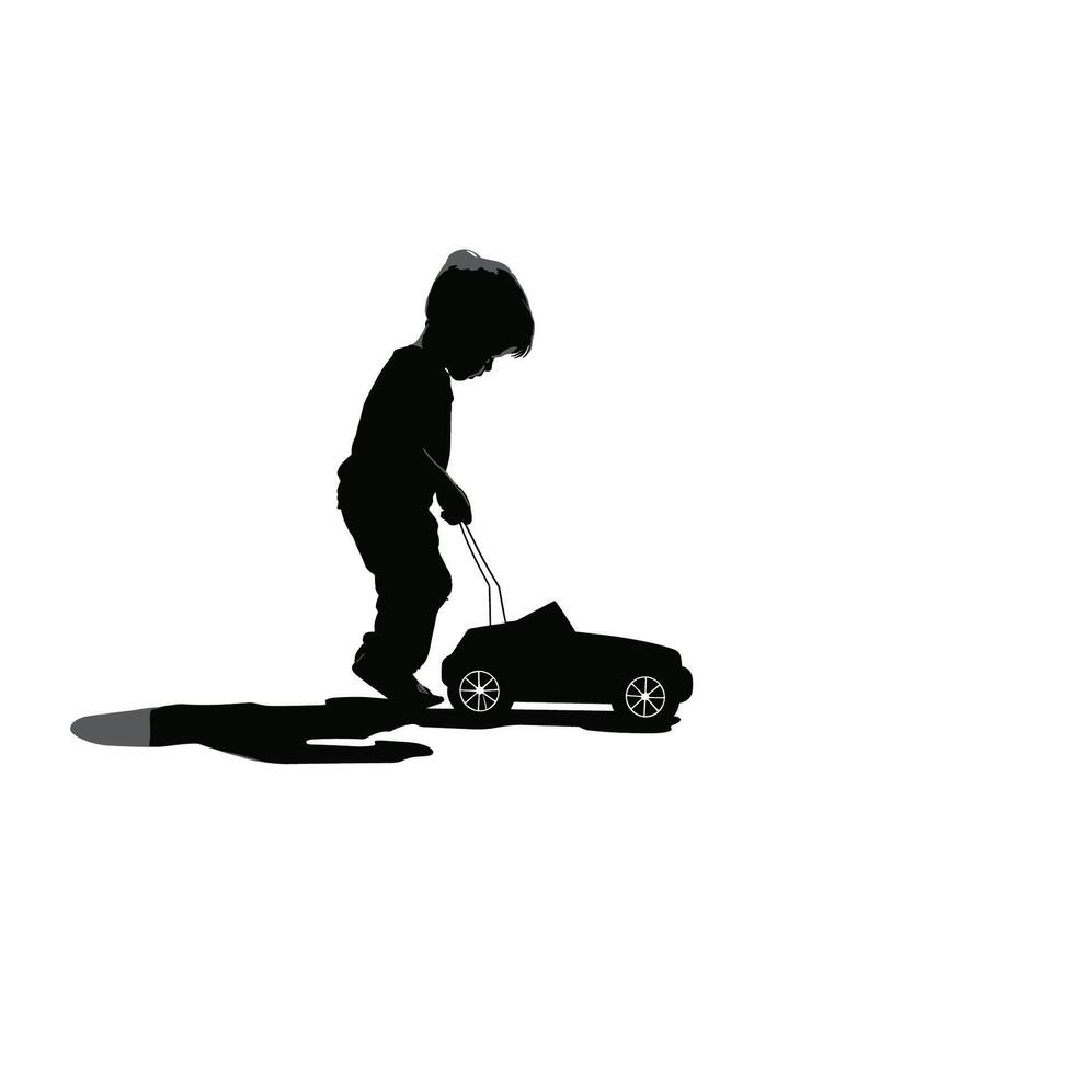 uma criança raças uma brinquedo carro Preto silhuetas isolado vetor