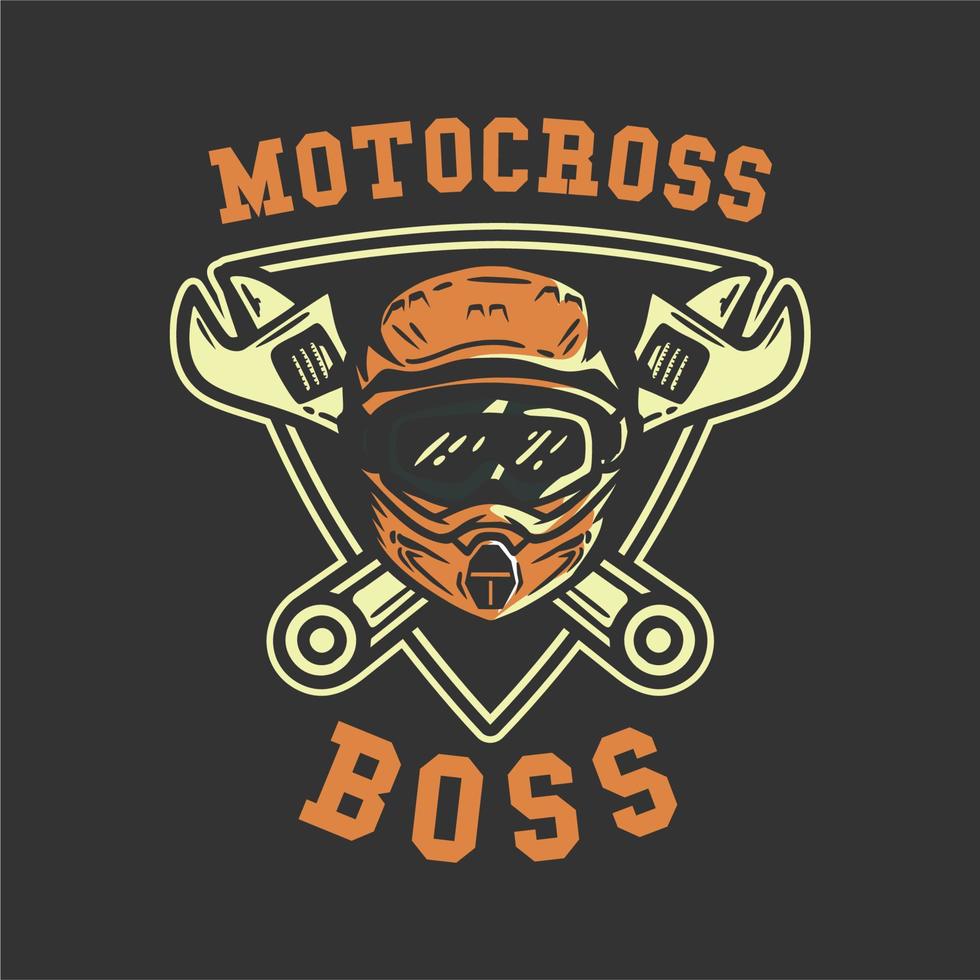 motocross logo design motocross boss com capacete e chave inglesa ilustração vintage vetor