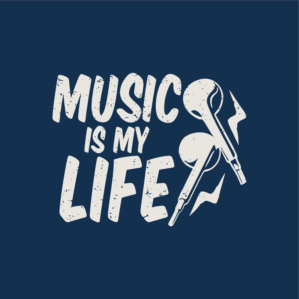 t shirt design music is my life com viva-voz e fundo azul escuro ilustração vintage vetor