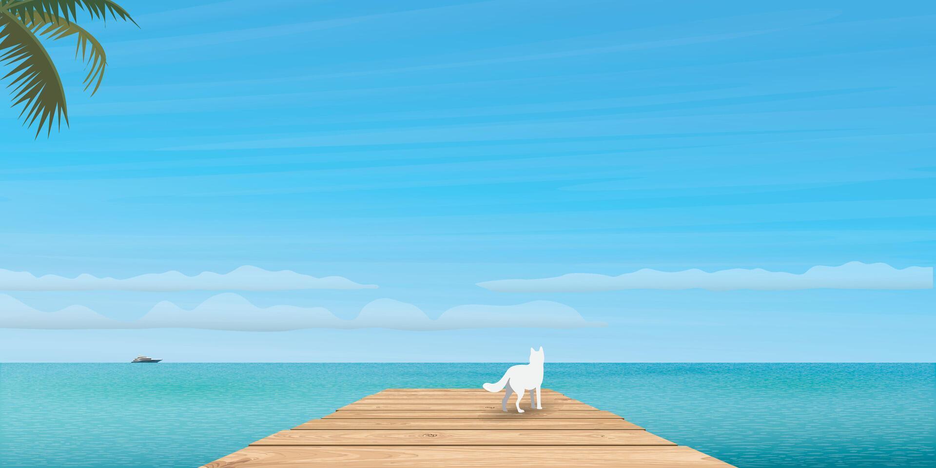 cachorro em de madeira cais às beira-mar com azul céu fundo ilustração. viajando com animal para a tropical azul mar conceito ter em branco espaço. vetor
