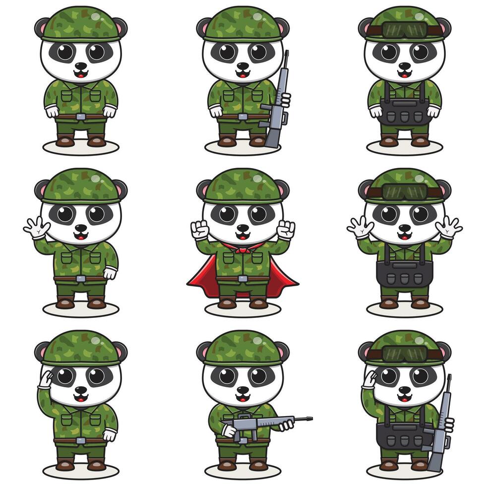 fofa panda soldado dentro camuflar uniforme. desenho animado engraçado panda soldado personagem com capacete e verde uniforme dentro diferente posições. engraçado animal ilustração definir. vetor