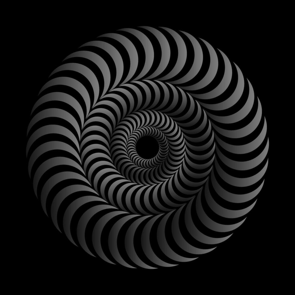 3d espiral. hipnótico volumétrico ondulado círculos. isométrico trompete ondas. concêntrico círculos. ótico ilusão. Preto e branco ilusão vetor