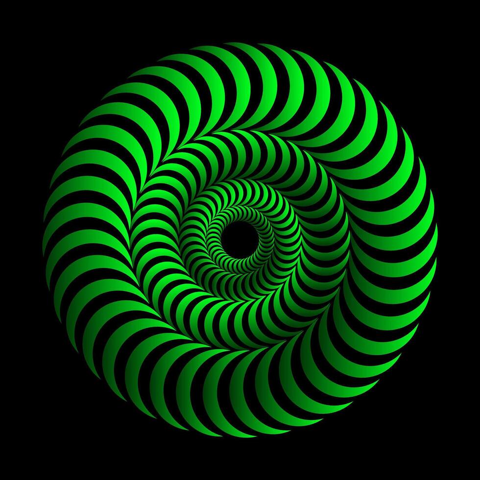 3d espiral. hipnótico volumétrico ondulado círculos. isométrico trompete ondas. concêntrico círculos. ótico ilusão. Preto e verde ilusão vetor