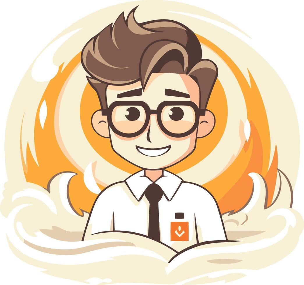 ilustração do uma sorridente homem de negocios vestindo óculos e sorridente dentro a fogo vetor