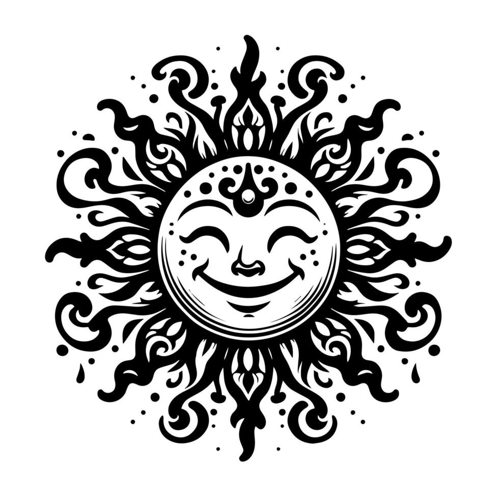 Preto e branco silhueta do uma Sol símbolo com uma sorridente feliz face vetor