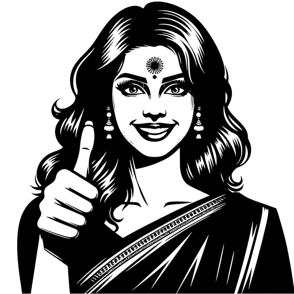 Preto e branco silhueta do uma grupo do uma fêmea indiano mulher segurando polegares acima dentro uma casual equipamento sari vetor