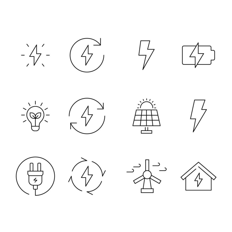 energia ícone definir. simples esboço estilo. elétrico, poder, salvar, solar painel, bateria, luz, cobrar, vento turbina, verde energia conceito. fino linha símbolo. isolado. vetor