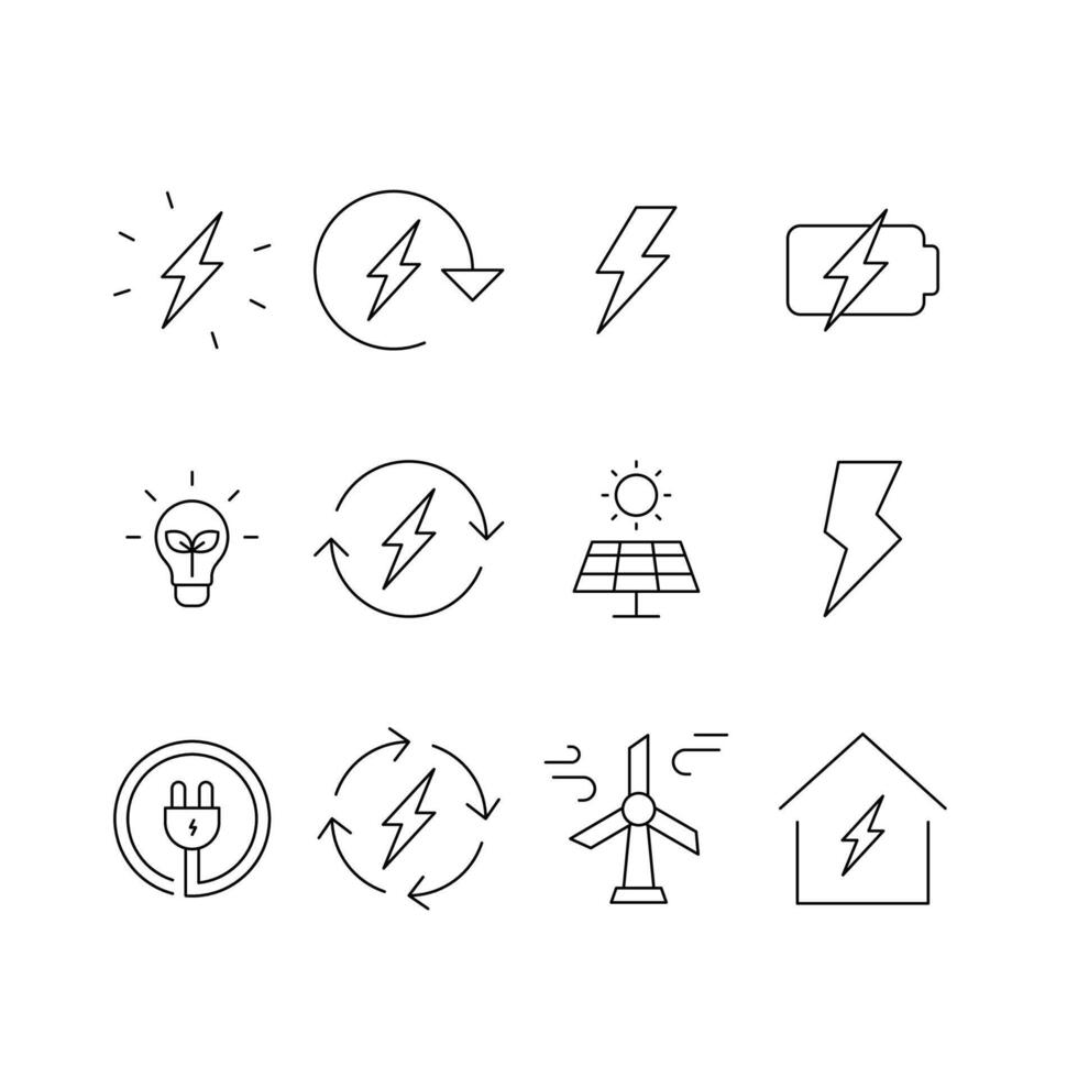 energia ícone definir. simples esboço estilo. elétrico, poder, salvar, solar painel, bateria, luz, cobrar, vento turbina, verde energia conceito. fino linha símbolo. isolado. vetor