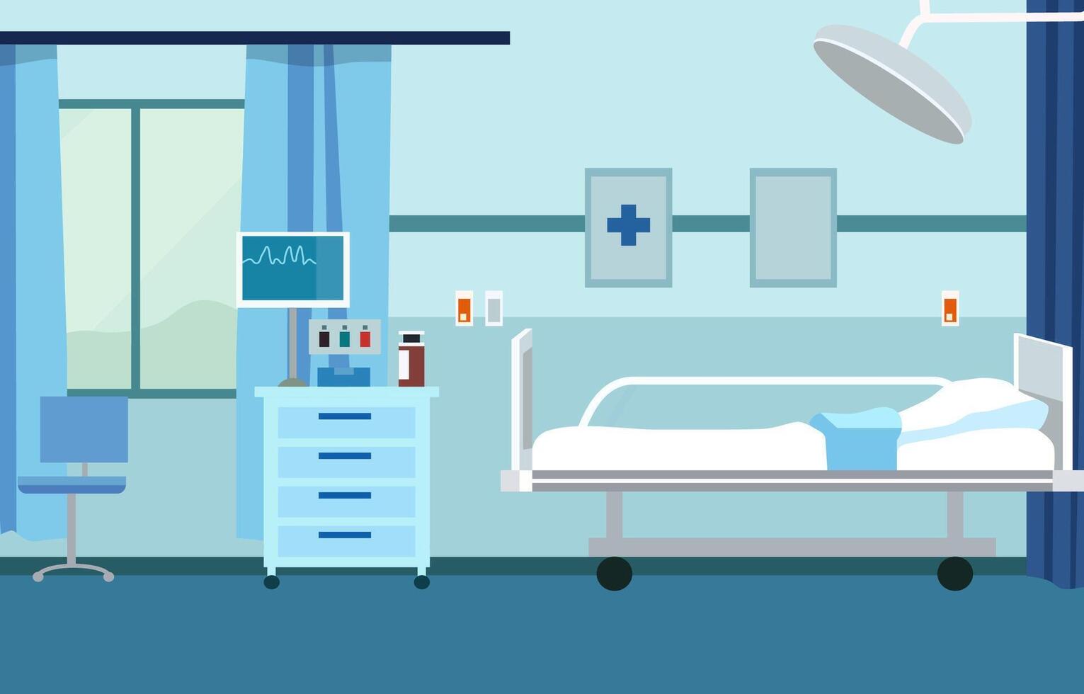 interior panorama do hospital paciente internado quarto com cama e saúde médico equipamentos vetor