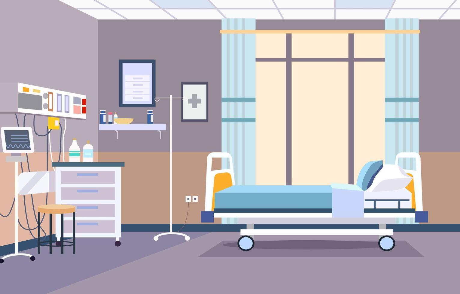 colorida hospital paciente internado quarto com cama e saúde médico equipamentos vetor