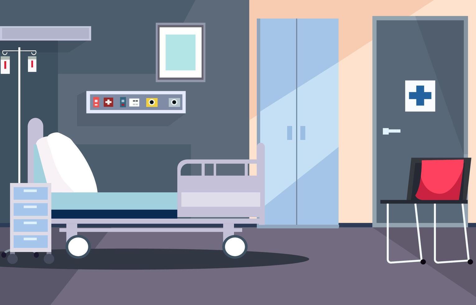 interior panorama do hospital paciente internado quarto com cama e saúde médico equipamentos vetor