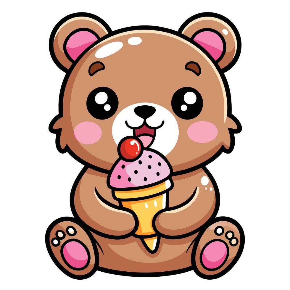 uma fofa kawaii Urso comendo gelo creme, com limpar \ limpo Preto contornos, branco fundo vetor