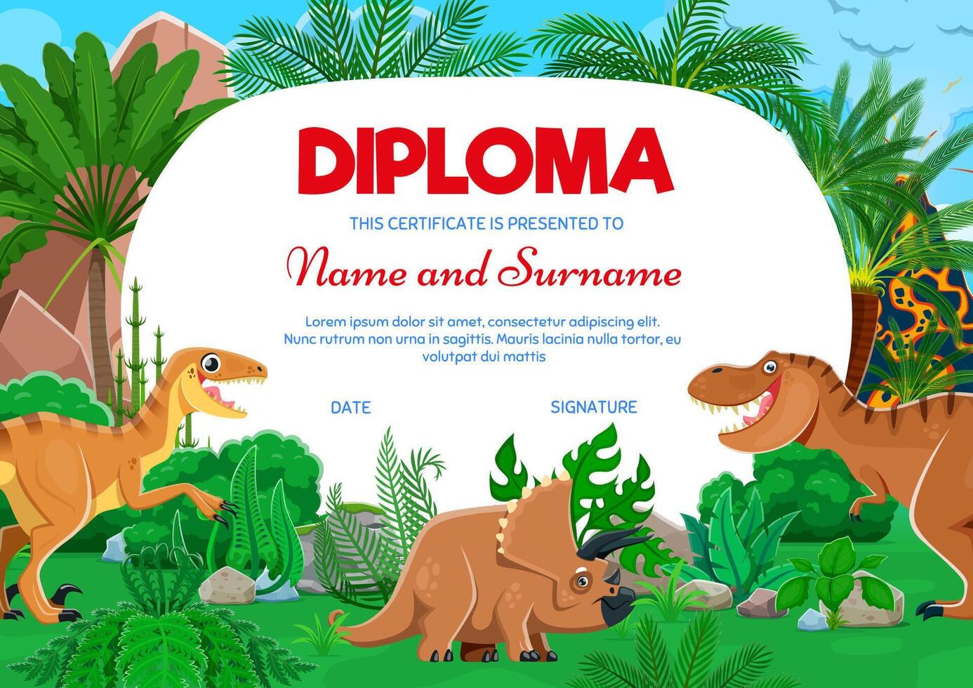 crianças diploma, desenho animado dinossauros dentro tropical selva vetor