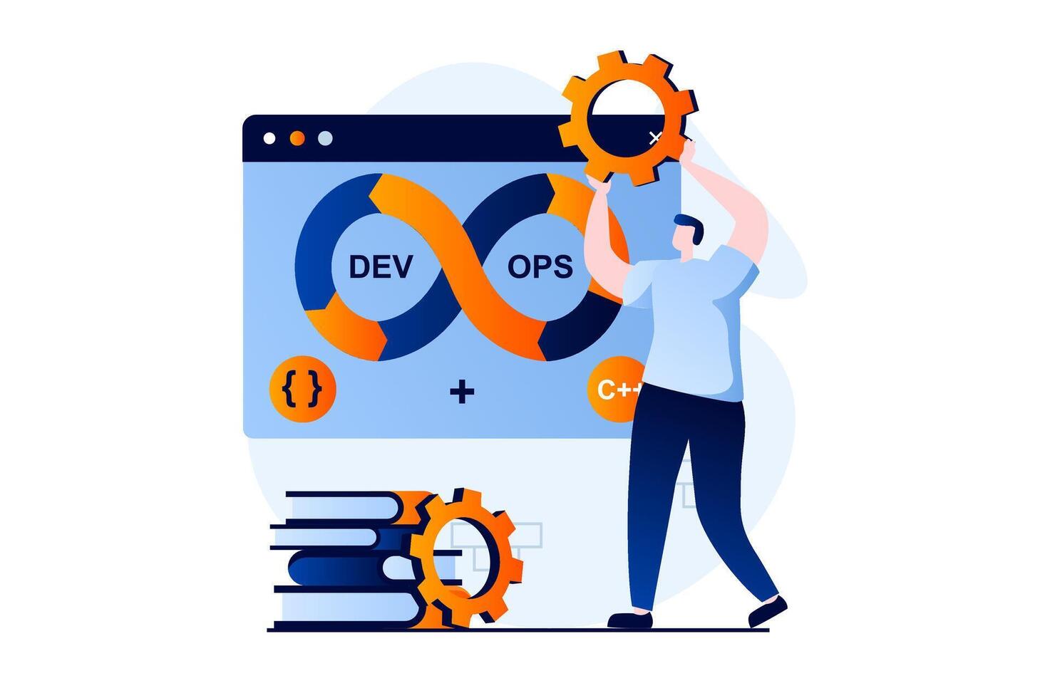 devops conceito com pessoas cena dentro plano desenho animado Projeto. homem otimiza Programas criando processos, implementos práticas do desenvolvimento operações dentro empresa. ilustração visual história para rede vetor