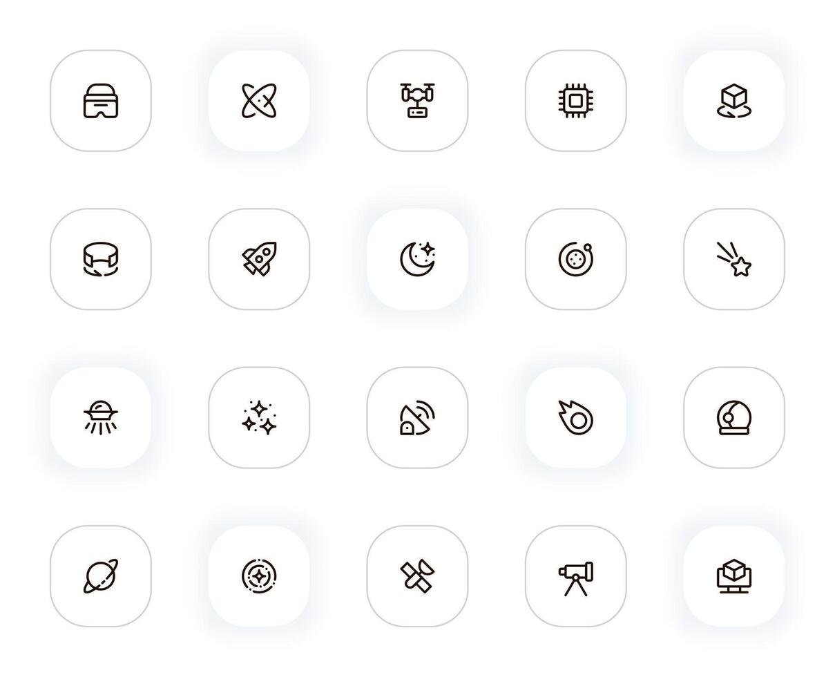 tecnologia e espaço linha ícones definir. Ciência, foguete, drone, microcircuito, Estrela e de outros botões. esboço pictogramas para rede e interface do usuário, ux Móvel aplicativo Projeto. editável AVC. 24x24 pixel perfeito. vetor