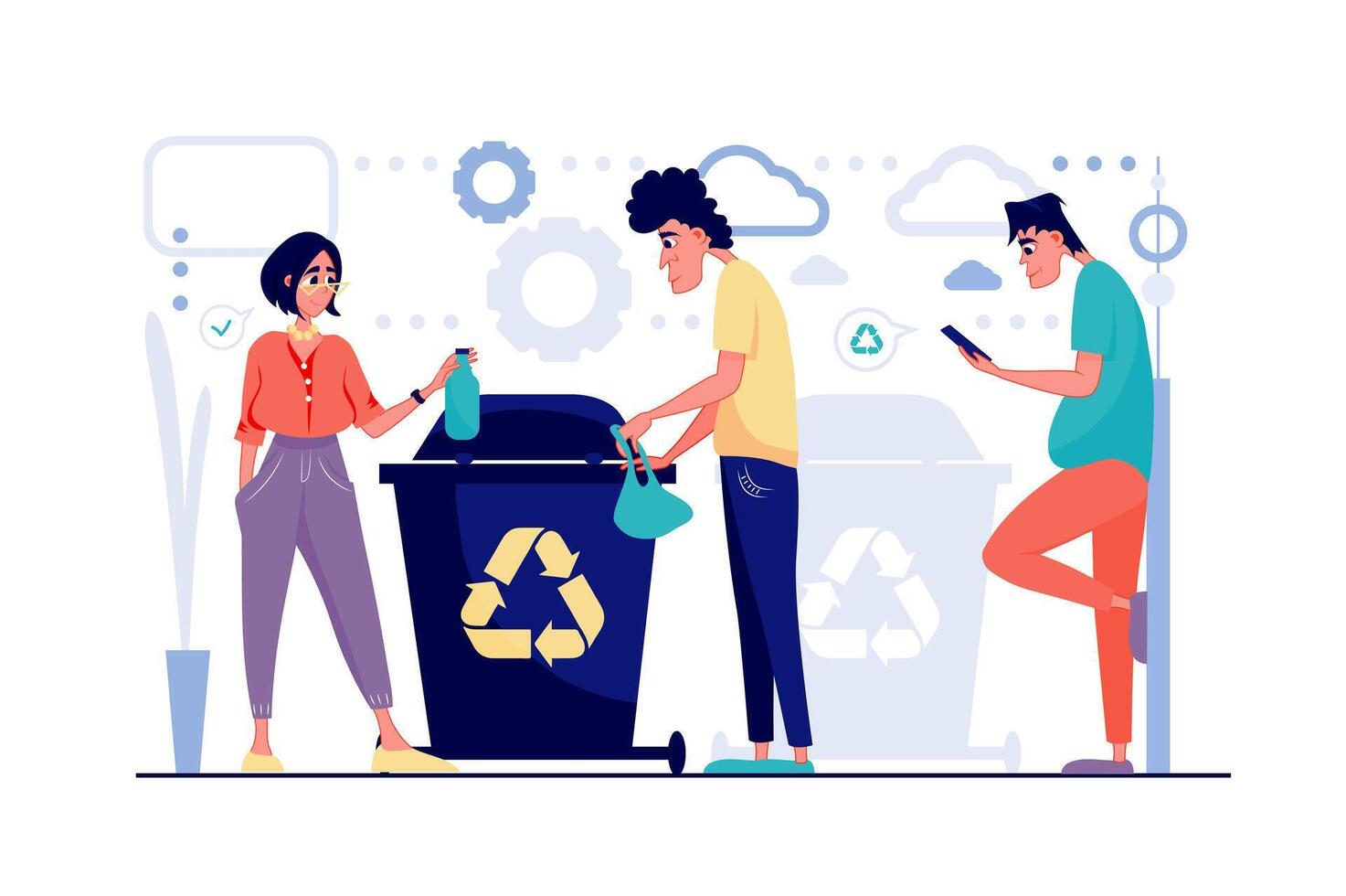 desperdício reciclando conceito dentro plano desenho animado Projeto. homens e mulher coletando, Ordenação e separado lixo para dentro bins. ecologia gerenciamento, de Meio Ambiente Cuidado. ilustração com pessoas cena para rede vetor