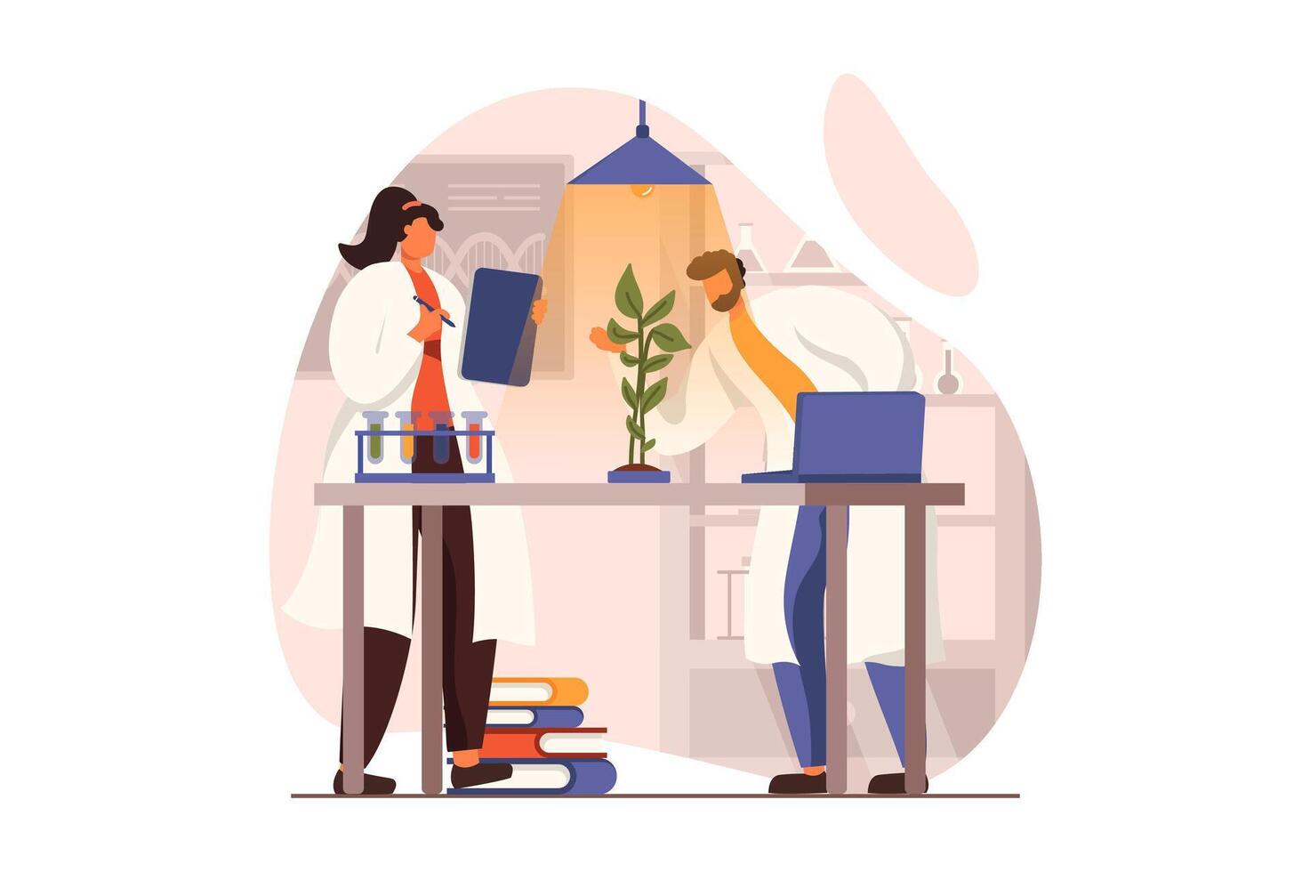 Ciência laboratório rede conceito dentro plano Projeto. homem e mulher cientistas estão estudando plantar em laboratório equipamento. biólogos fazendo pesquisar. biotecnologia e botânica. ilustração com pessoas cena vetor