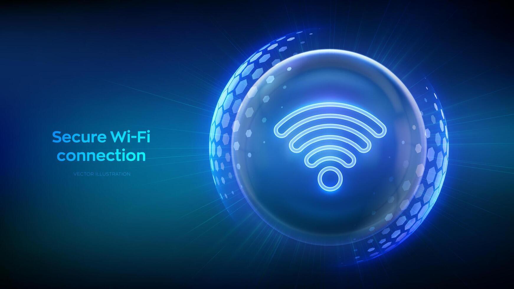 Wi-fi rede ícone dentro transparente proteção esfera escudo com hexágono padronizar em azul fundo. seguro wi fi sem fio rede conexão. cyber segurança. Wi-fi criptografia. ilustração. vetor