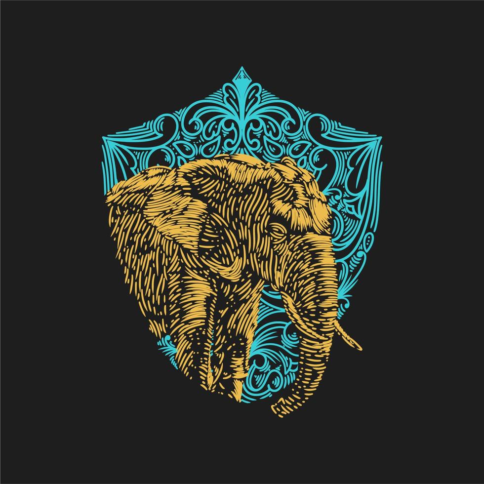 ilustração vetorial cabeça de elefante contra um fundo de ornamentos de escudo azul gravura vintage vetor