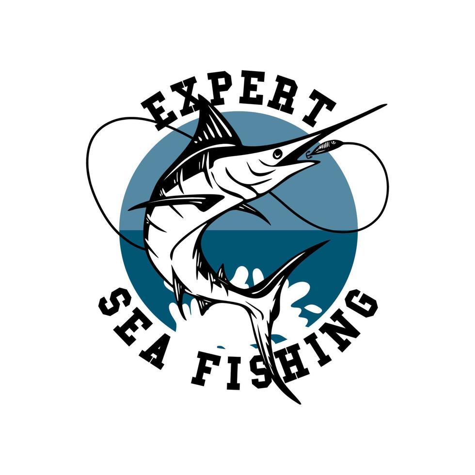 especialista em design de logotipos, pesca marítima com marlin peixes ilustração vintage vetor