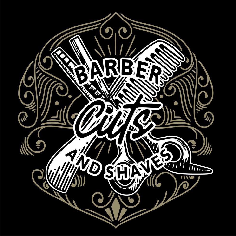 o barbeiro corta e faz a barba com o logotipo clássico vintage ornamental e ilustração vetor