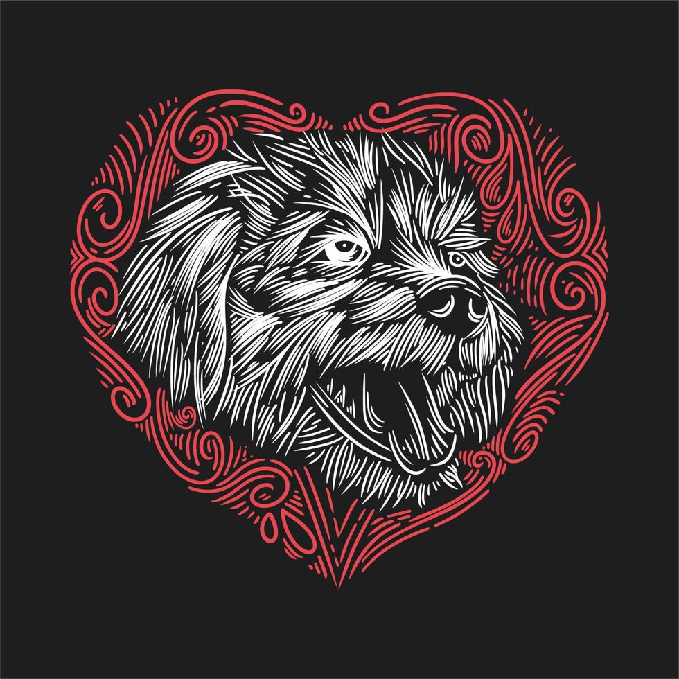 ilustração vetorial cabeça de cachorro com um fundo de ornamento de amor vermelho gravura vintage vetor