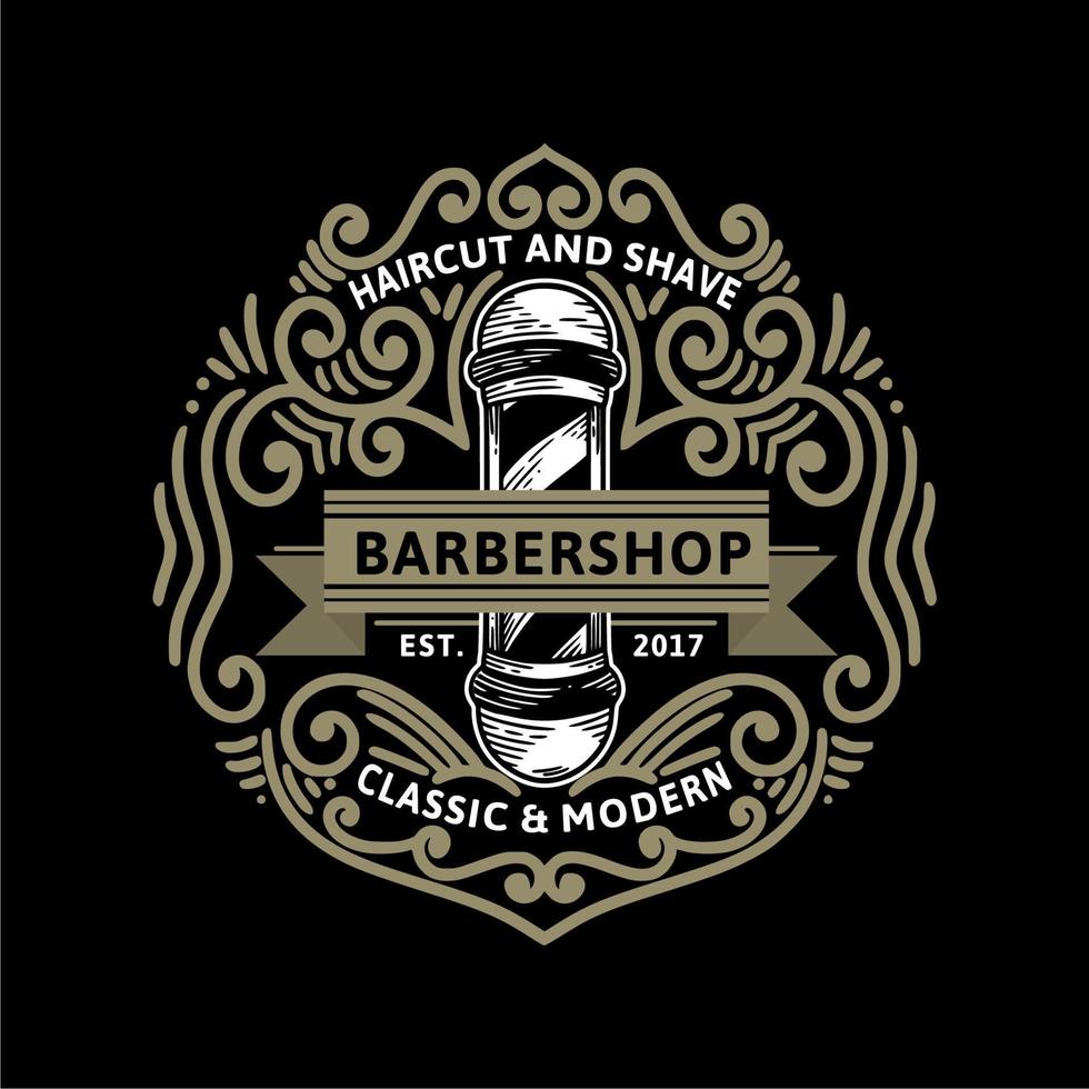 corte de cabelo e barbearia barbearia clássico ornamental logotipo vintage e ilustração vetor