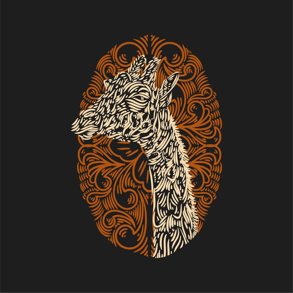 ilustração vetorial cabeça de girafa com fundo laranja ornamento oval gravura vintage vetor
