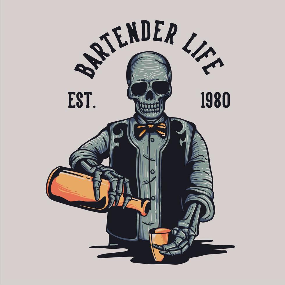 t shirt design bartender life est. 1980 com esqueleto servindo cerveja em um copo ilustração vintage vetor