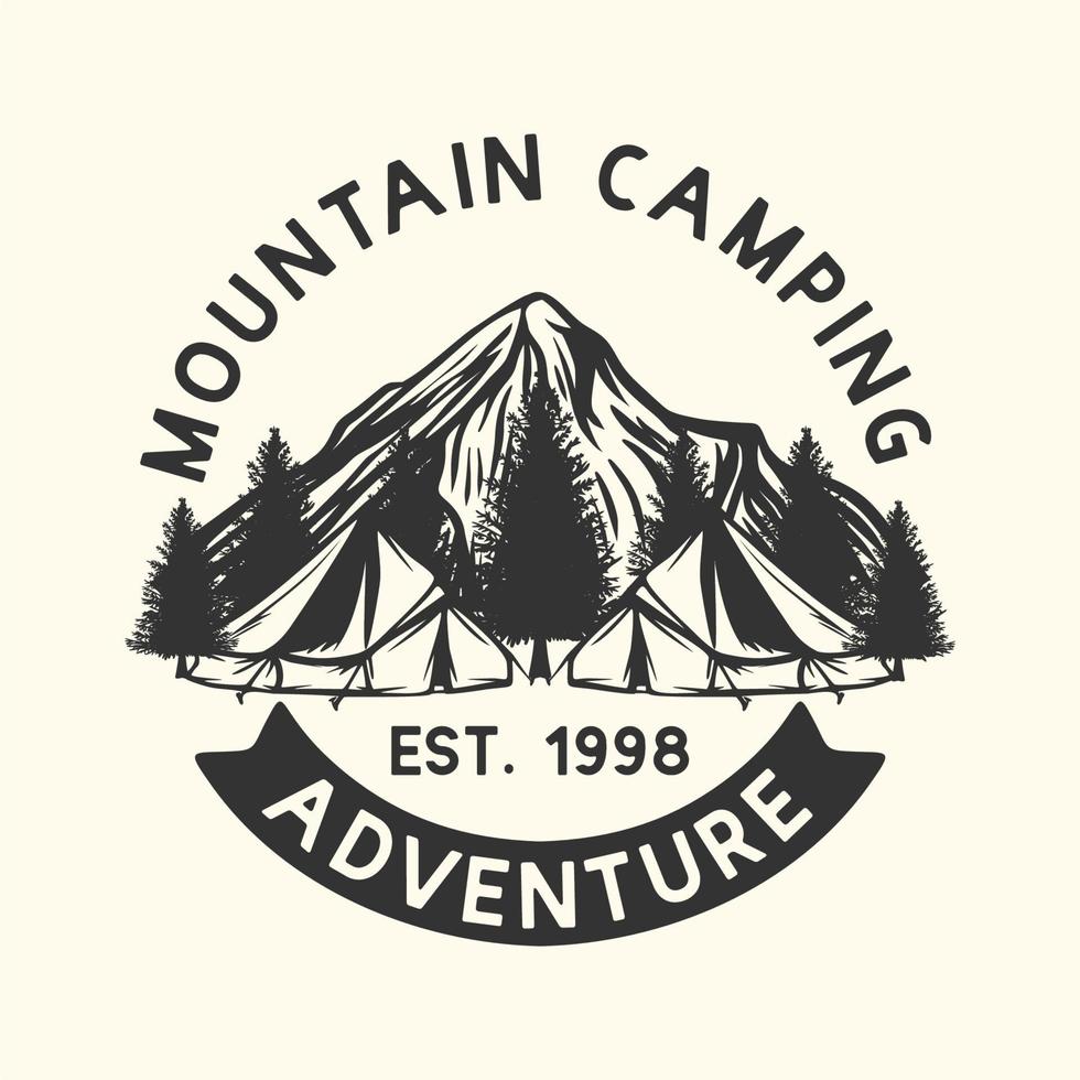 desenho de logotipo aventura acampamento na montanha est 1998 com ilustração vintage da barraca de acampamento vetor