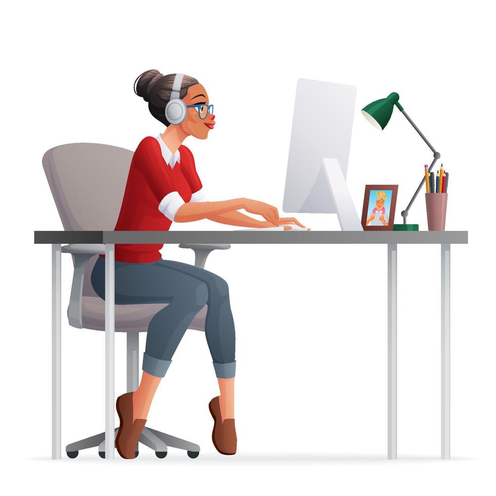 mulher trabalhando remotamente em um escritório em casa com um computador desktop. ilustração em vetor estilo cartoon isolada no fundo branco.