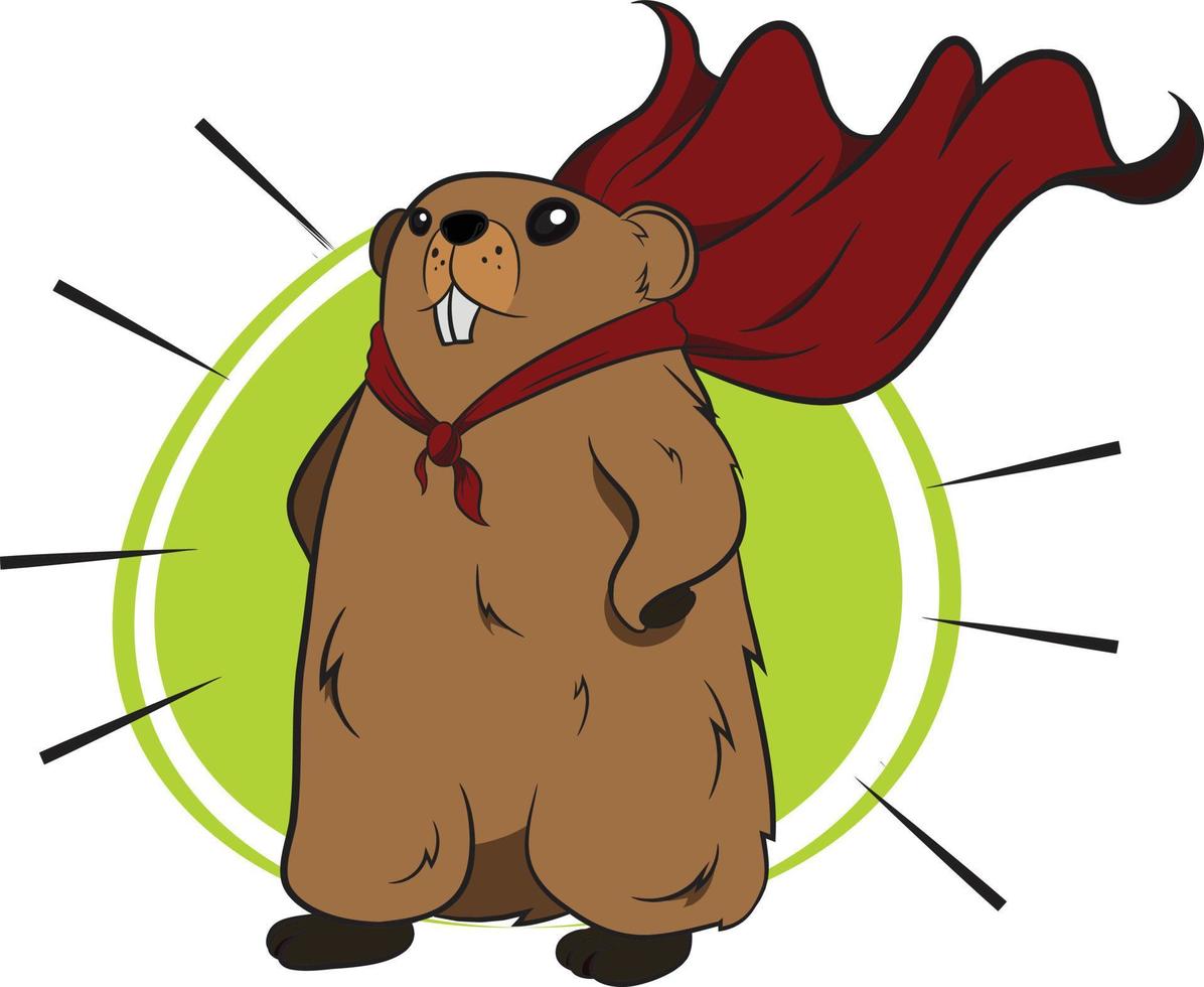 personagem antropomorfizado marmota vestido como um super-herói com capa. marmota vestindo pé em pose de super-herói. fundo colorido com forma orgânica abstrata. vetor