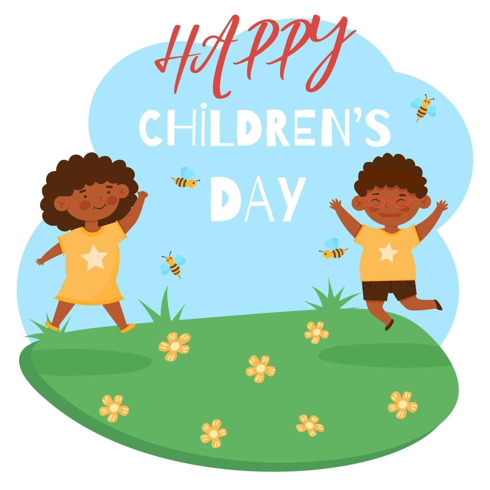 ilustração vetorial plana de conceito de dia feliz da criança com pulo de crianças felizes e sorridentes vetor