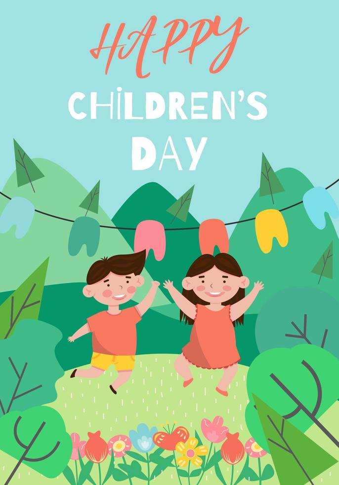 ilustração vetorial plana de conceito de dia feliz da criança com pulo de crianças felizes e sorridentes vetor
