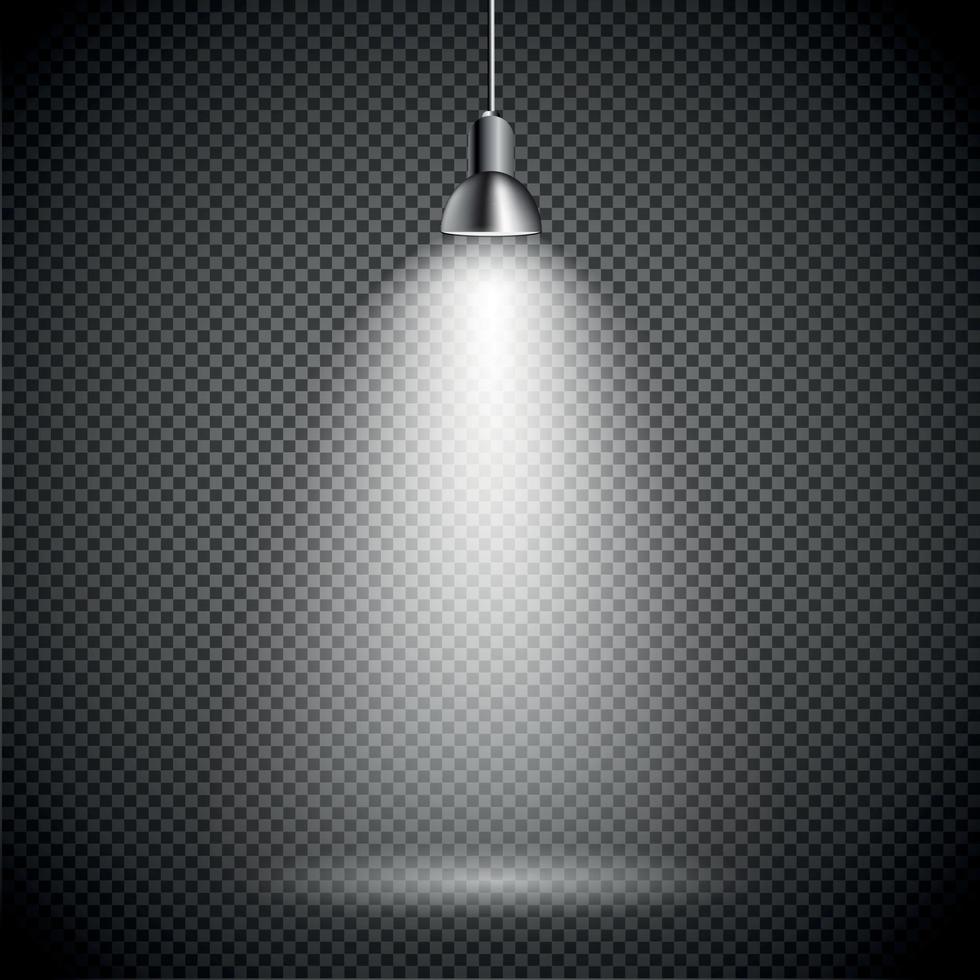 brilhante com lâmpada de holofotes de iluminação com efeitos transparentes em um fundo escuro xadrez. . espaço vazio para o seu texto ou objeto vetor