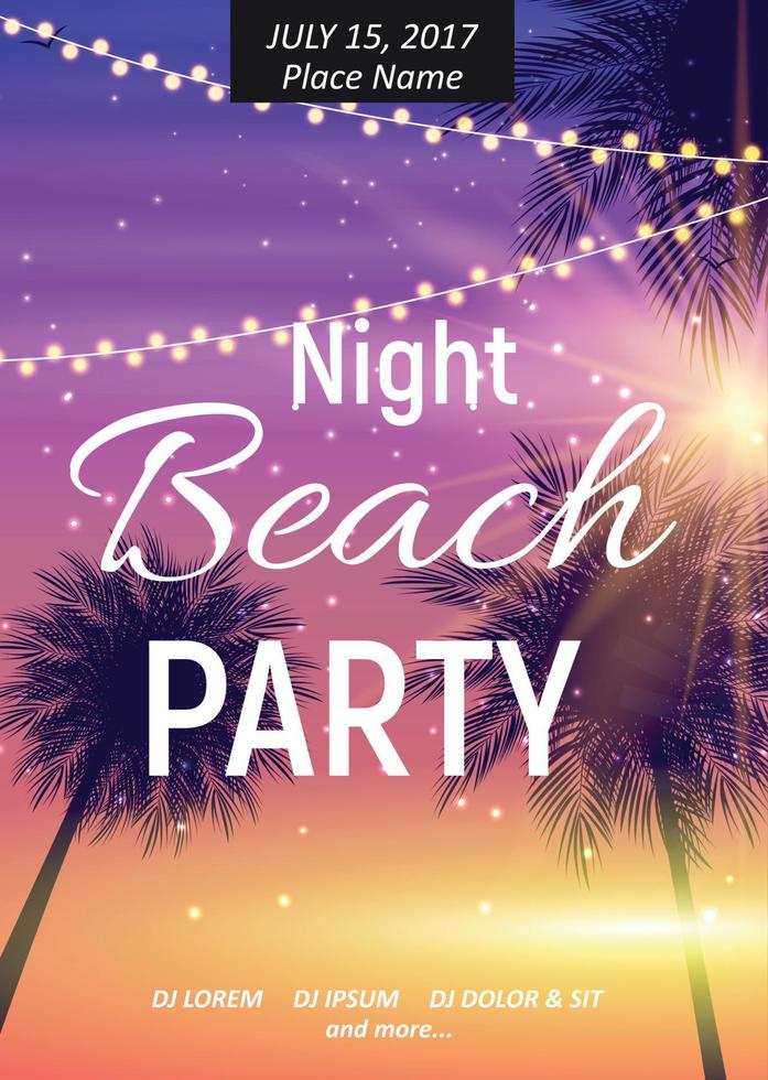 cartaz de festa de praia à noite de verão. fundo natural tropical com palma. ilustração vetorial vetor