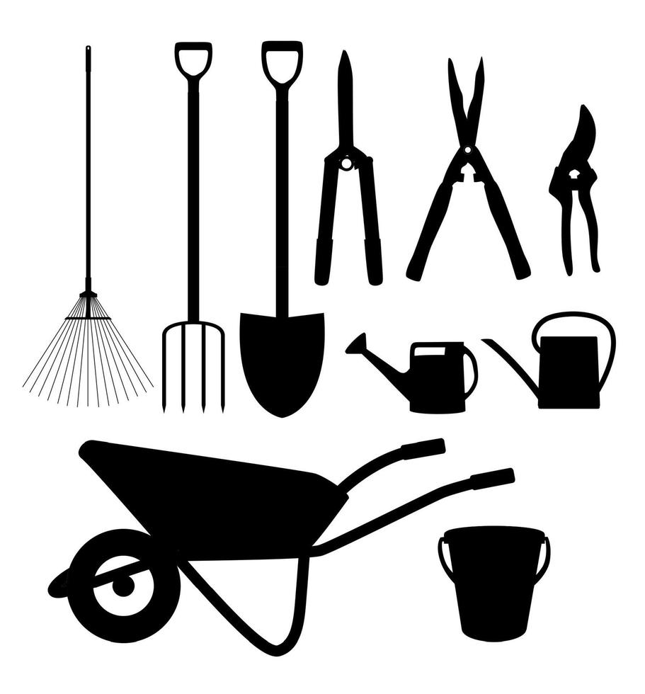ferramentas de jardim, conjunto de coleta de ícones plana de instrumentos. ilustração vetorial de pá, balde, ancinho, tesouras de podar, tesouras, carrinho de mão e rega vetor