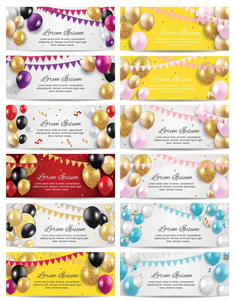 cor brilhante balões festa cartão fundo conjunto de coleta. ilustração vetorial vetor