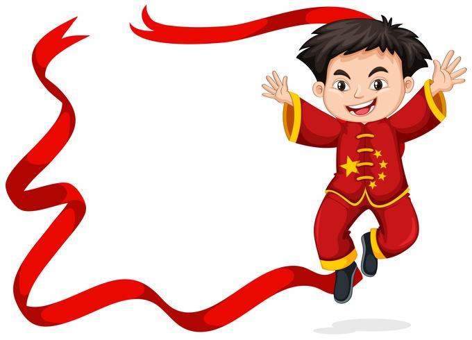 Design de moldura com menino chinês pulando vetor