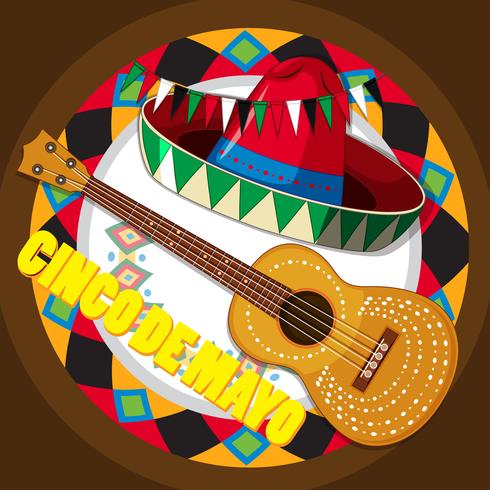 Guitarra e chapéu mexicano no fundo redondo vetor