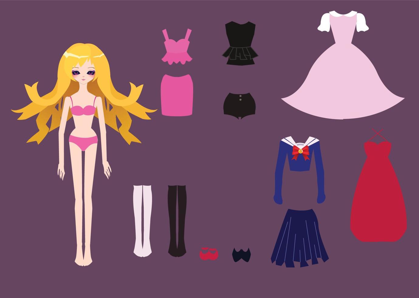 Conjunto de roupas de moda para bonecas de papel, linda garota de anime para jogo de vestir vetor
